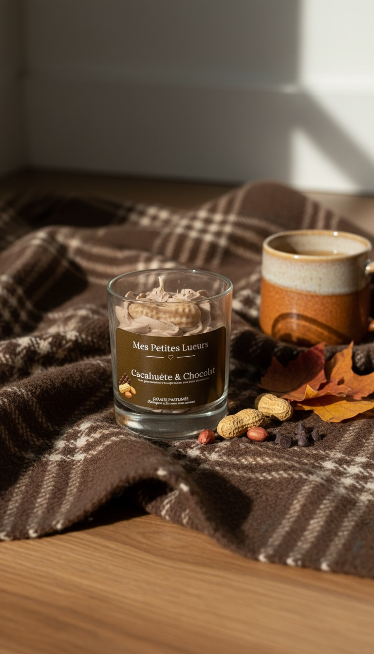 Bougie Chantilly parfumée Cacahuète & Chocolat dans une ambiance automnale