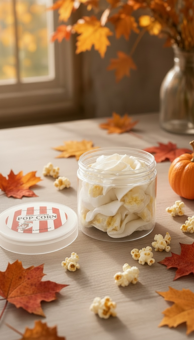 Fondant parfumé Pop Corn en pot transparent avec finition chantilly blanche et éclats jaunes, présenté dans un décor automnal avec des feuilles d’érable et une citrouille.