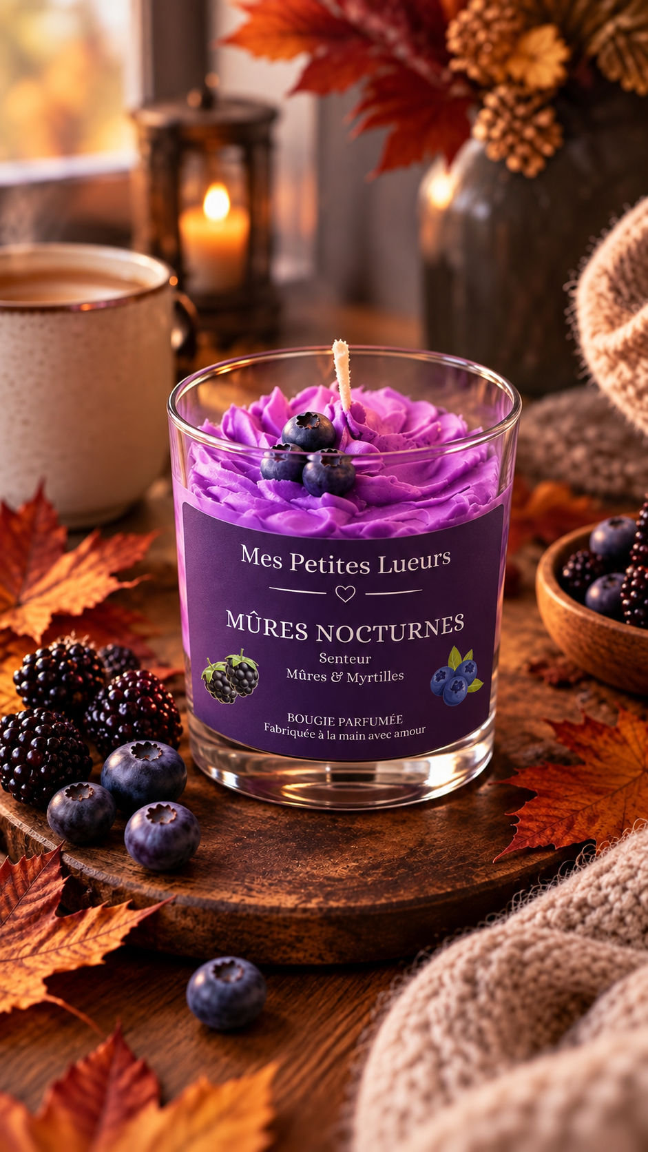 Bougie Chantilly parfumée Mûres & Myrtilles avec mûres et myrtilles dans une ambiance automnale